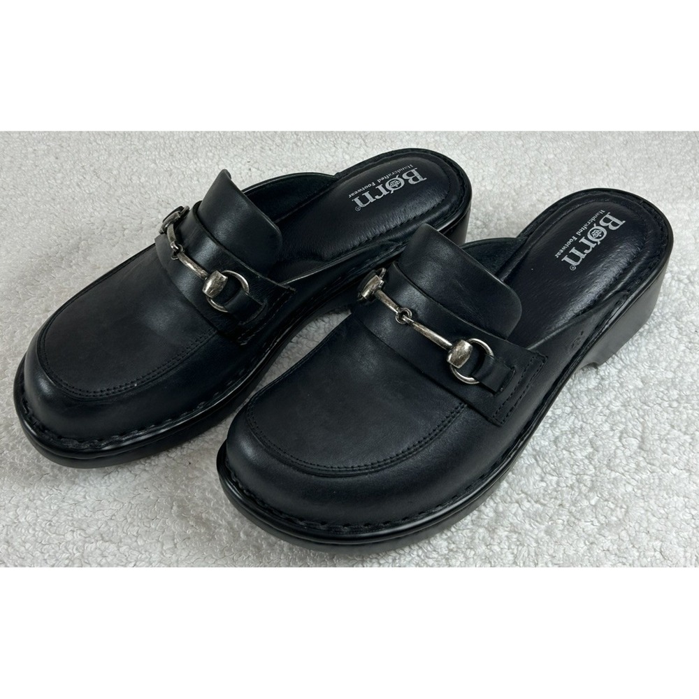 Born Clogs Womens 8 Black Leather Slip On Wedge Mules Boho Preppy Careerwear EUC